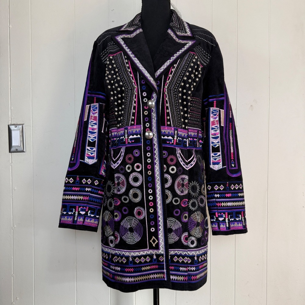 Pamela McCoy Womens Embroidered Velvet Coat Art Size M Bohemian Tribal‎ Festival
